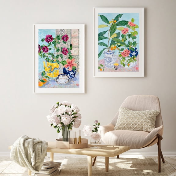 Set Of 2 Chinoiserie Wall Art Prints, Flowers Still Life, Fruit, Chinese Ceramics, Cultural Living Room And Gallery Wall Decor