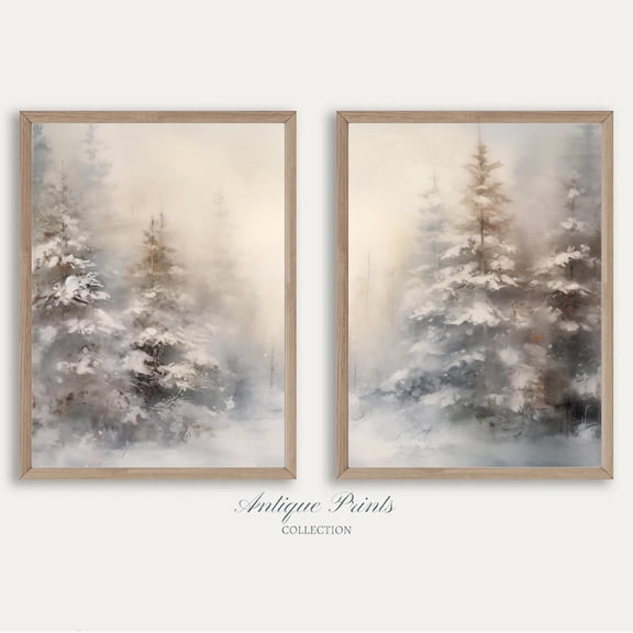 Set Of 2 Christmas Wall Art Prints, Winter Pine Forest, Farmhouse Holidays, Rustic Snowy Landscape, Seasonal Living Room And Home Decor