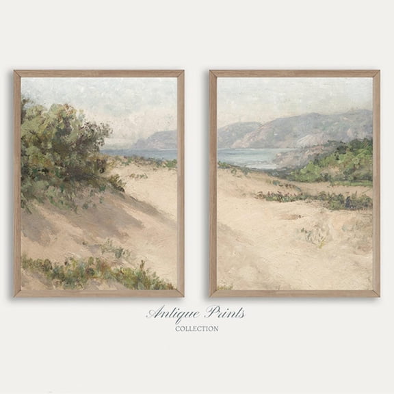 Set Of 2 Coastal Split Wall Art Prints, Neutral Seascape Vintage, Beach, Antique Cottage, Coastal Living Room And Gallery Wall Decor