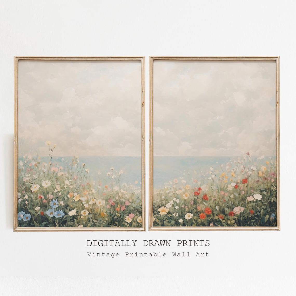 Set Of 2 Coastal Wildflowers Wall Art Prints, Neutral Summer And Spring ...