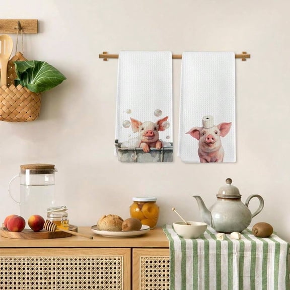 Set Of 2 Color 16 White Kitchen Towels With Illustrated Pig Family Design For Dish Drying And Decor