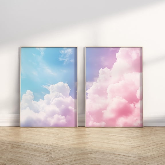 Set Of 2 Colorful Clouds Pieces Gallery Over Bed Soft Neutral Relaxing Wall Art Prints, Bedroom And Gallery Wall Decor