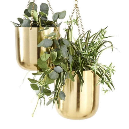 Set Of 2 Contemporary Shiny Gold Metal Hanging Dome Wall Planters With Chains