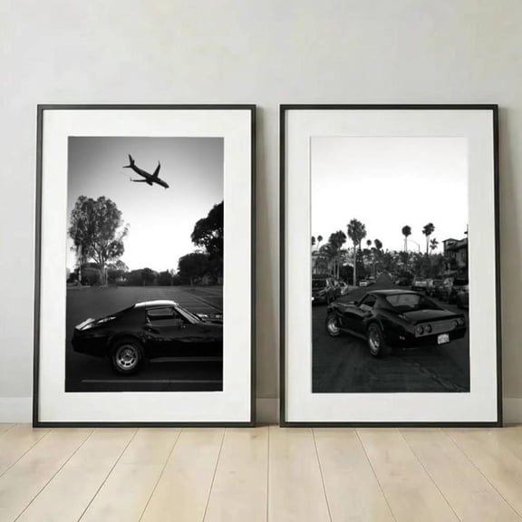 Set Of 2 Corvette Wall Art Prints, Black And White Classic Car, Vintage Automotive, Bundle, Living Room And Gallery Wall Decor