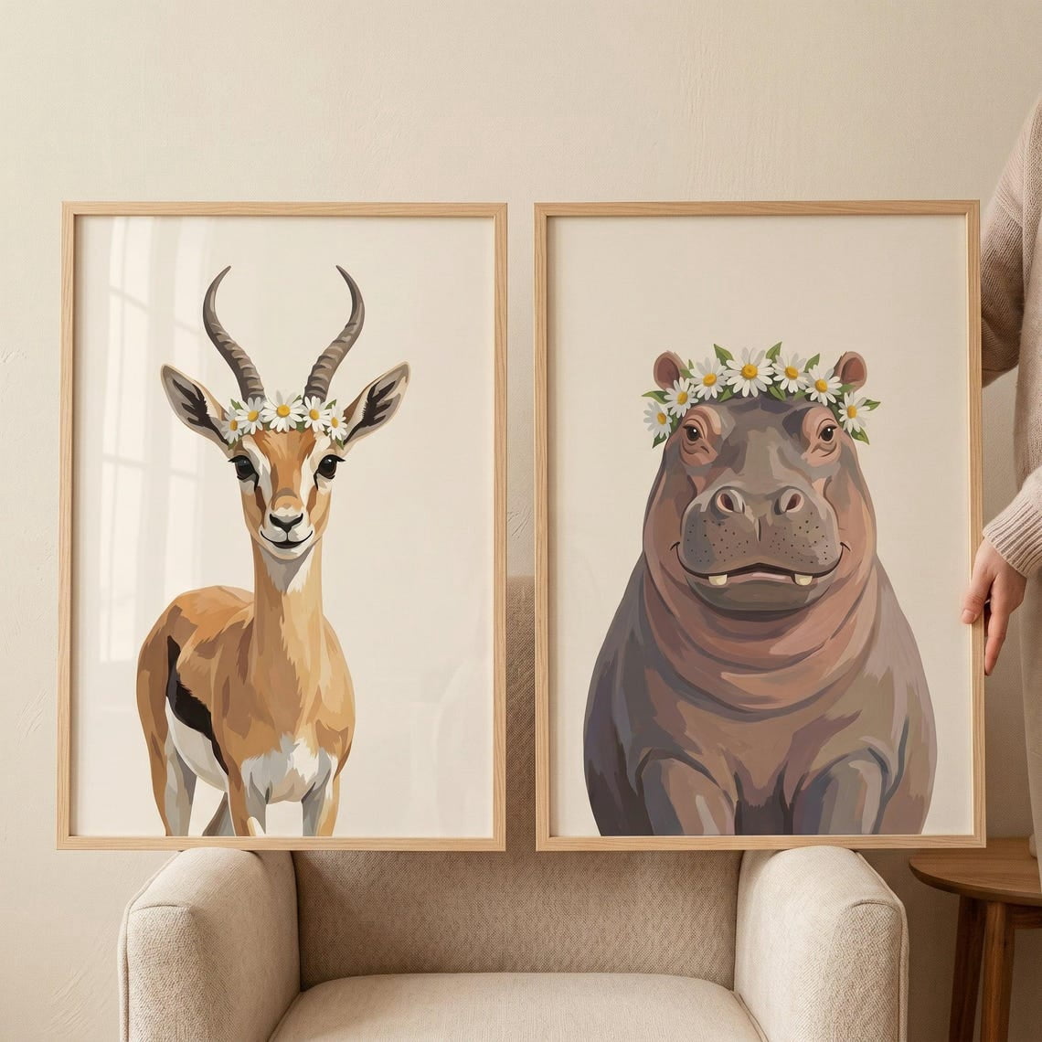 Set Of 2 Daisy Crown Safari Animals Nursery Wall Art Prints, Hippo And ...