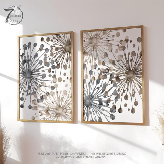 Neutral Roses Printable Set Of 2 Dandelion Flowers Neutral Beige Gray Farmhouse Floral Wall Art ...