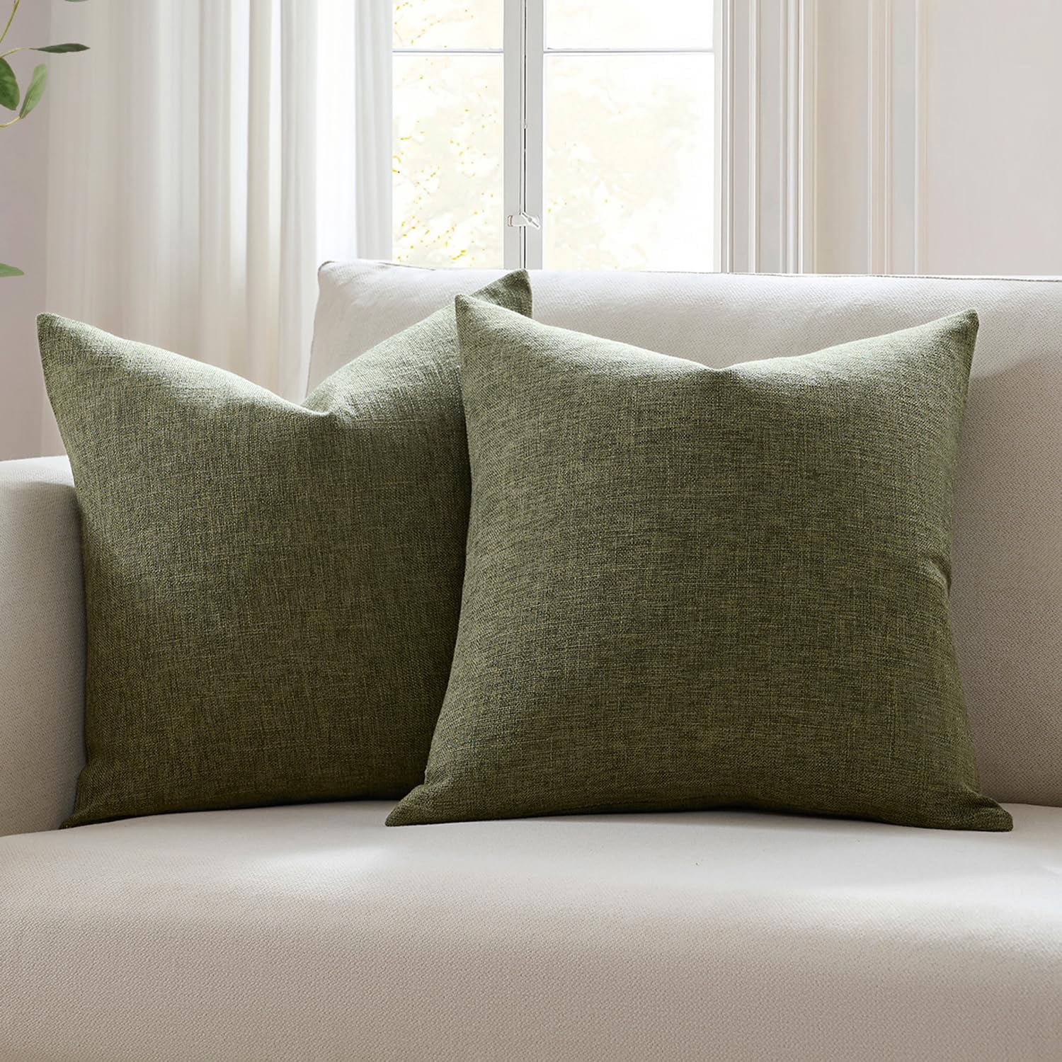 Set Of 2 Dark Moss Green Throw Pillow Covers 18x18  Modern Farmhouse Linen Blend Decorative For Couch Sofa Bed Earth Tone Home Decor
