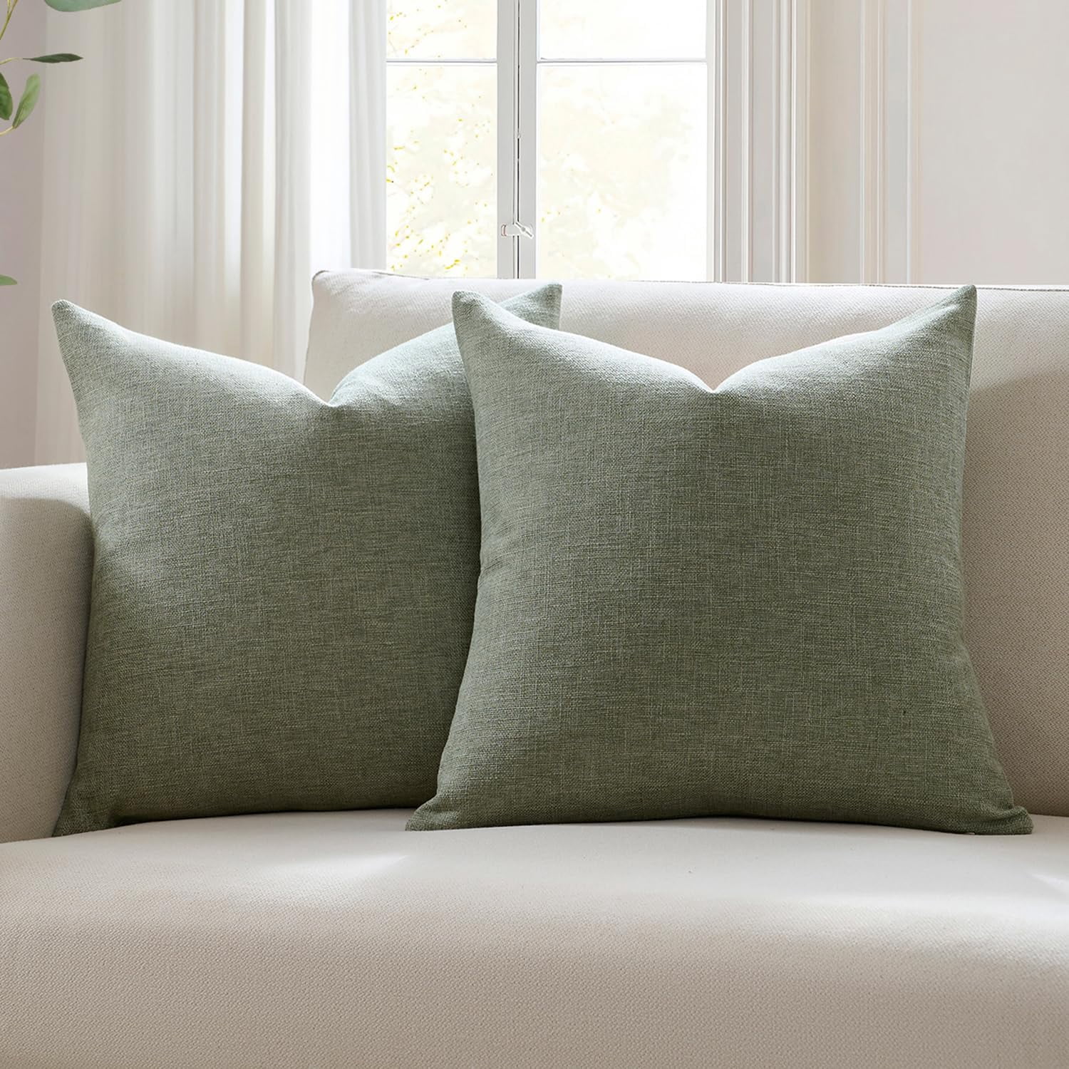 Set Of 2 Dark Sage Throw Pillow Covers 18x18  Modern Farmhouse Linen Blend Decorative For Couch Sofa Bed Neutral Home Decor