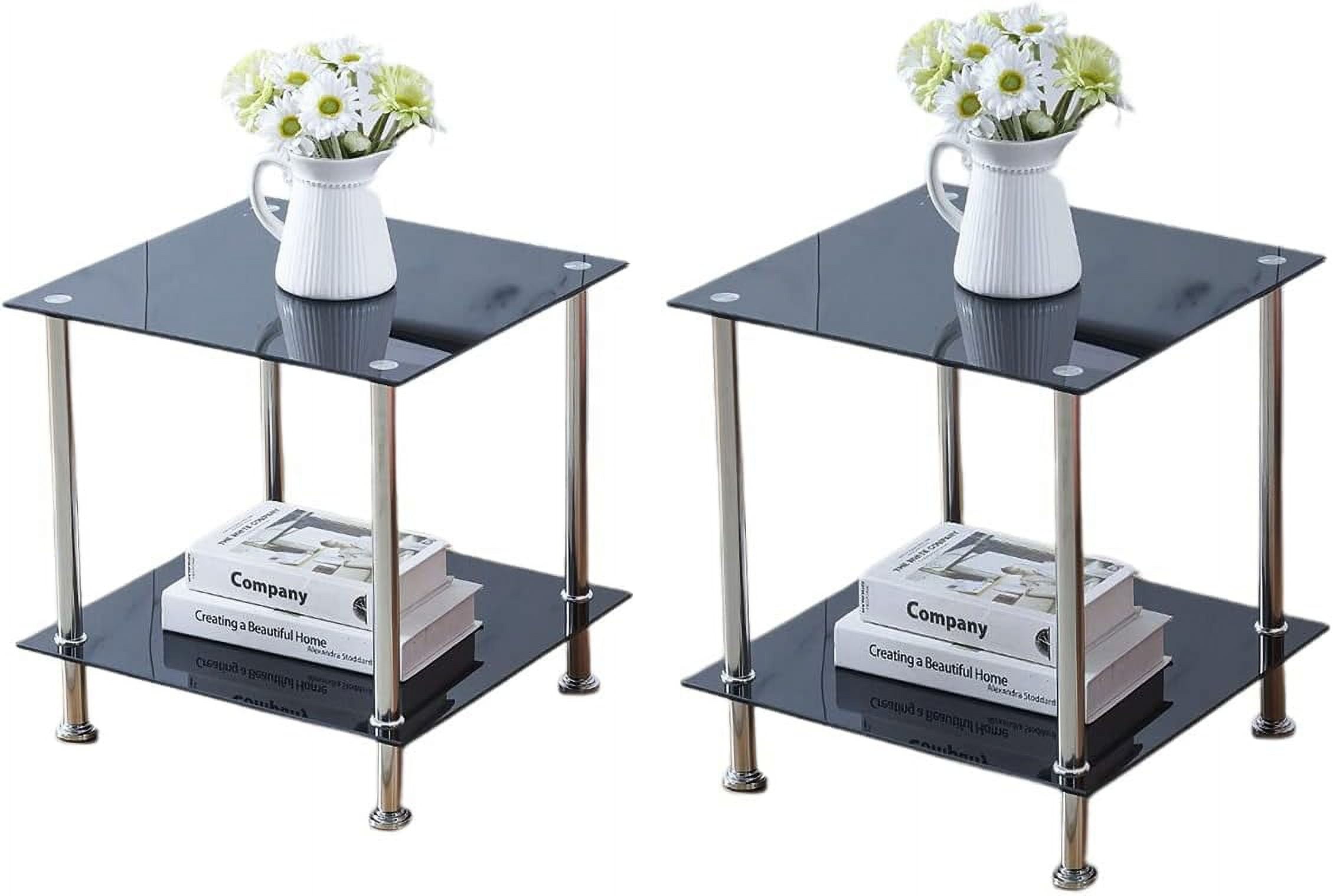 Set Of 2 End Table Side Table 2Tier Nightstand Storage Shelves Chrome Finish With Glass Top
