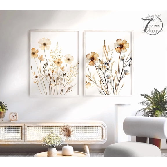 Set Of 2 Fall Autumn Wildflower Boho Botanical Farmhouse Floral Wall Art Prints, Seasonal Living Room And Home Decor