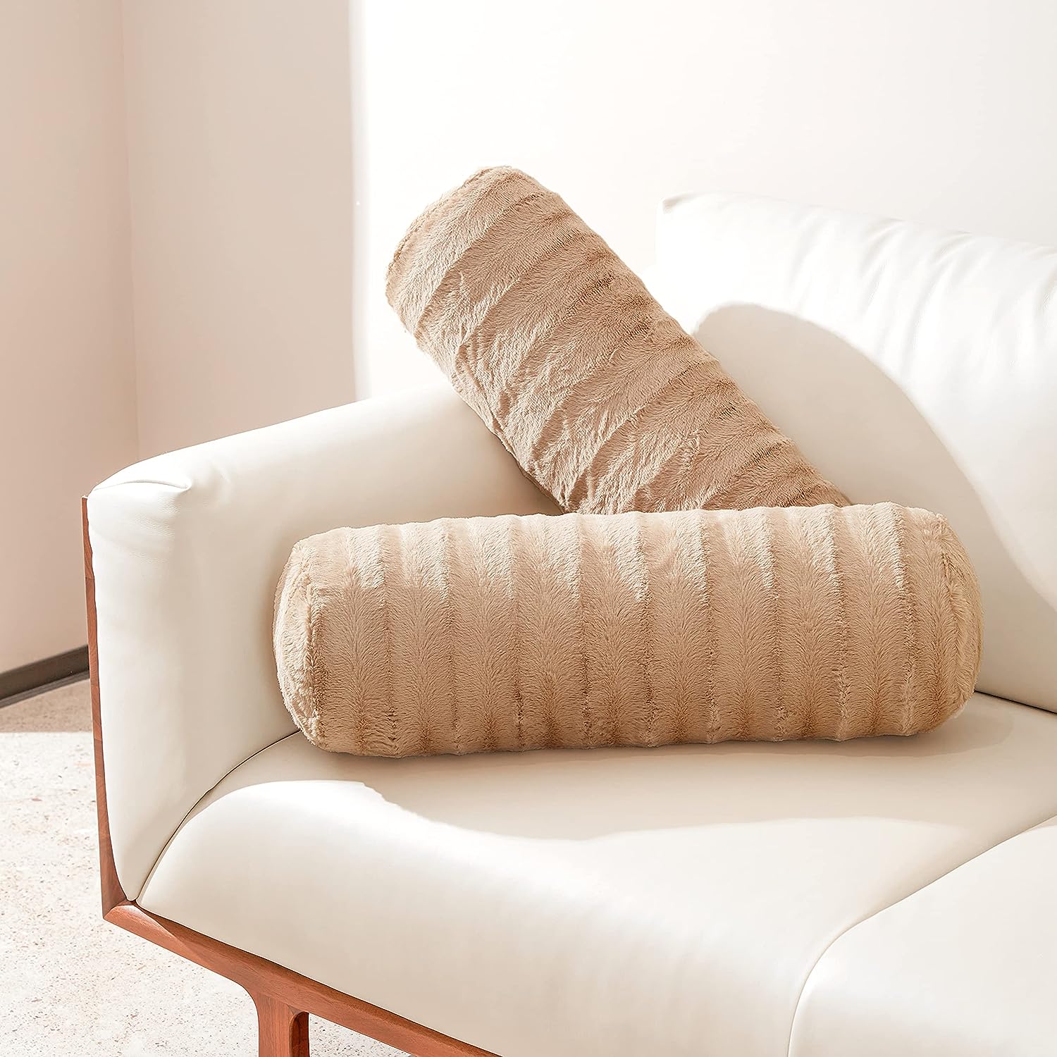 Set Of 2 Faux Fur Bolster Pillows, Decorative Roll Pillow For Couch