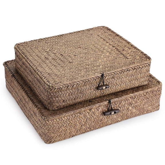 Set Of 2 Flat Woven Wicker Storage Bins With Lid Natural Seagrass Basket Multipurpose Organizer Boxes For Shelves Home Organization