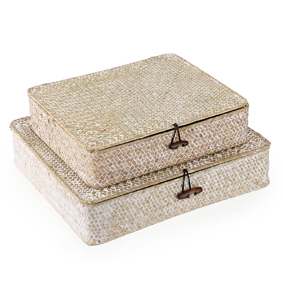 Set Of 2 Flat Woven Wicker Storage Bins With Lid Natural Seagrass Basket Multipurpose Organizer Boxes For Shelves Home Organization