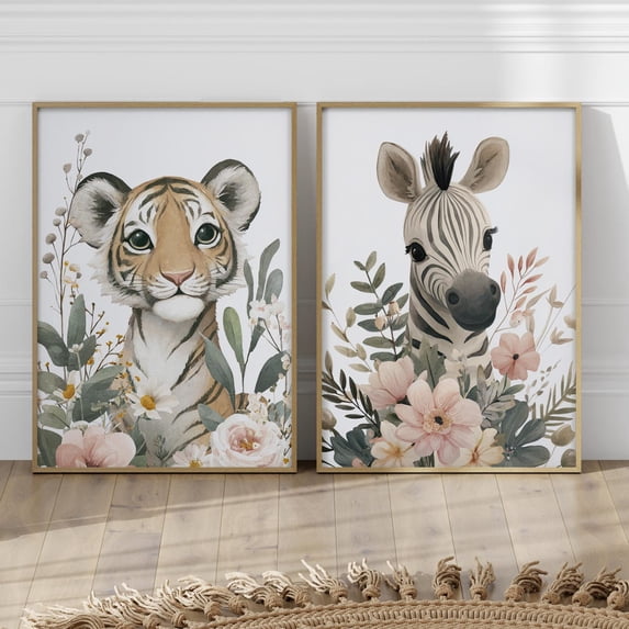 Set Of 2 Floral Baby Tiger And Zebra Illustration Wall Art Prints, Cute ...