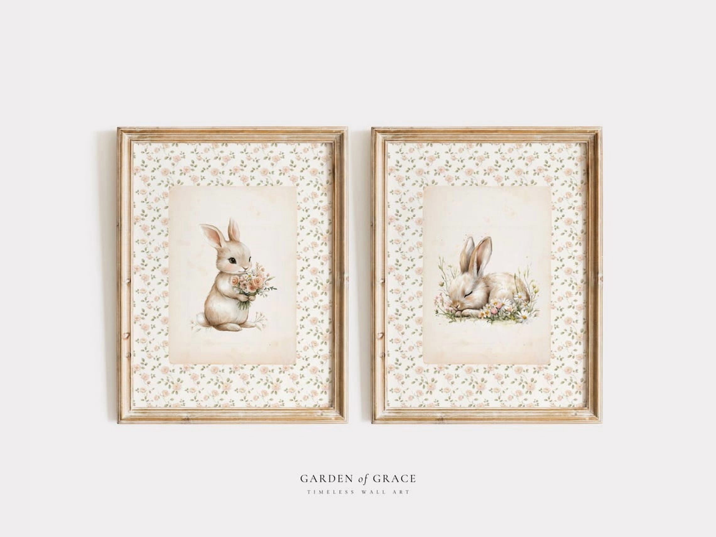 Set Of 2 Floral Bunny Nursery Wall Art Prints, Woodland Garden, Peachy ...