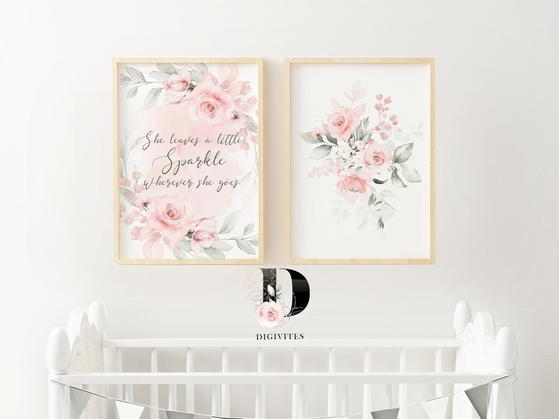 Set Of 2 Floral Nursery Wall Art Prints, Blush Pink Roses, Girl, She ...