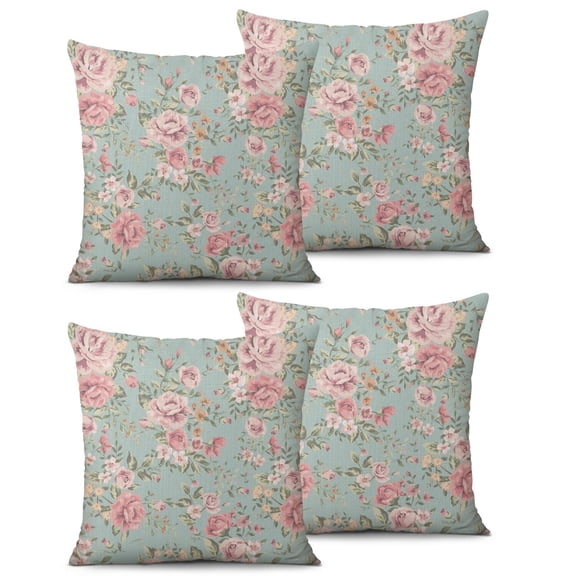 Set Of 2 Floral Rose 2 Pillow Covers 18x18 Inch Linen Decorative Square Throw Pillow Covers for Living Room Sofa Couch Decoration