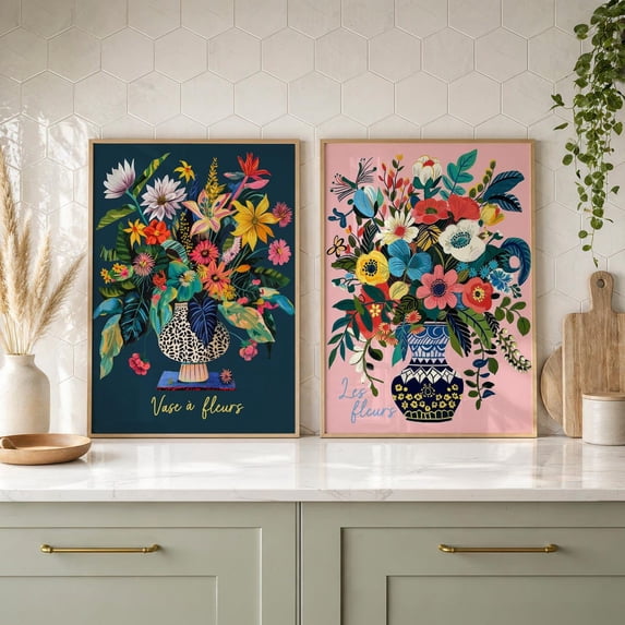 Set Of 2 Floral Wall Art Prints, Colorful Flower, Bold Botanical, Modern Maximalist, Botanical ...