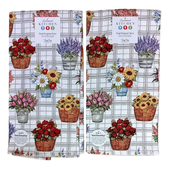 Set Of 2 Flower Market Floral Pots Terry Kitchen Towels By Kay Dee Designs