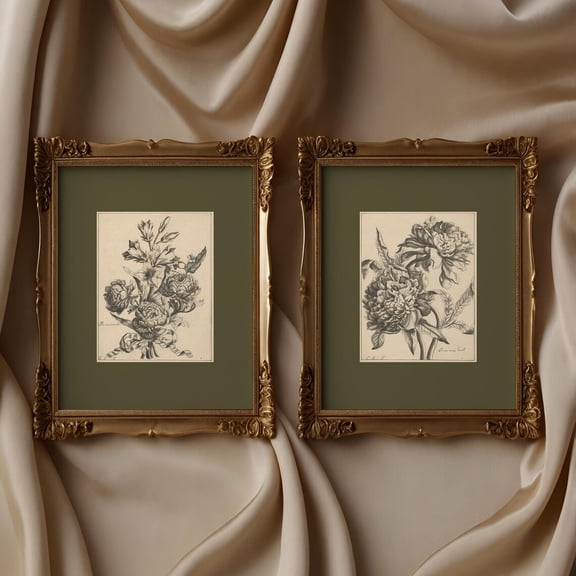 Set Of 2 Flower Sketch Wall Art Prints, Sage Green, Vintage Etchings, Dark Botanical, Floral Drawing, Antique, Home And Living Room Decor