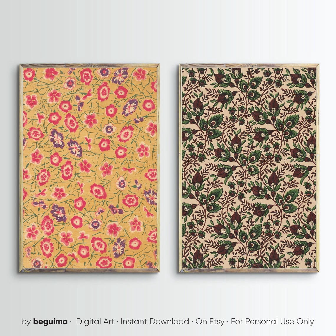 Set Of 2 Flowers Wall Art Prints, Vintage Floral Motif, Antique ...