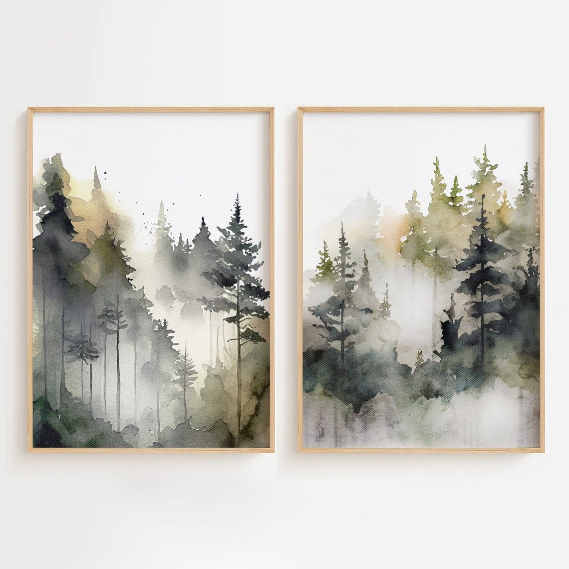 Set Of 2 Foggy Pine Forest Evergreen Trees Misty Landscape Wall Art ...