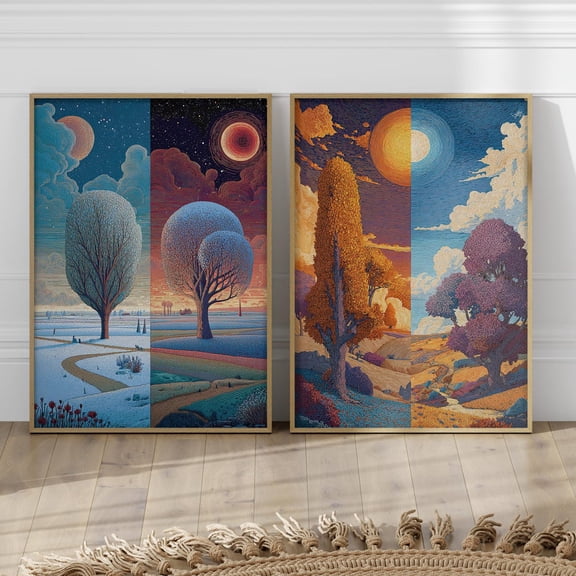 Set Of 2 Four Seasons Landscape Split Wall Art Prints, Summer To Autumn, Winter To Spring Moebius Inspired Abstract, Home And Bedroom Decor