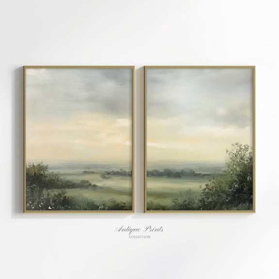 Set Of 2 French Country Split Wall Art Prints, Cottage, Neutral Landscape, Farmhouse, Living Room And Gallery Wall Decor