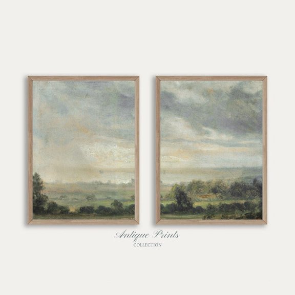 Set Of 2 French Country Split Wall Art Prints, Vintage Moody Neutral Landscape, Farmhouse, Living Room And Gallery Wall Decor