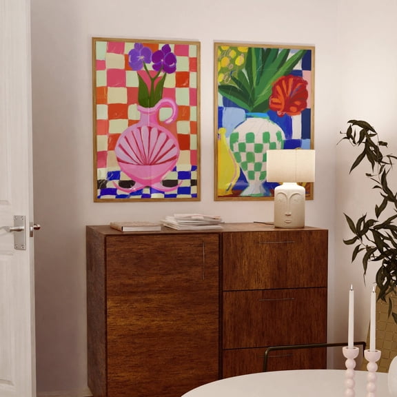 Set Of 2 French Riviera Vases Wall Art Prints, Colorful Preppy, Retro Apartment, Trendy, Kitchen And Gallery Wall Decor