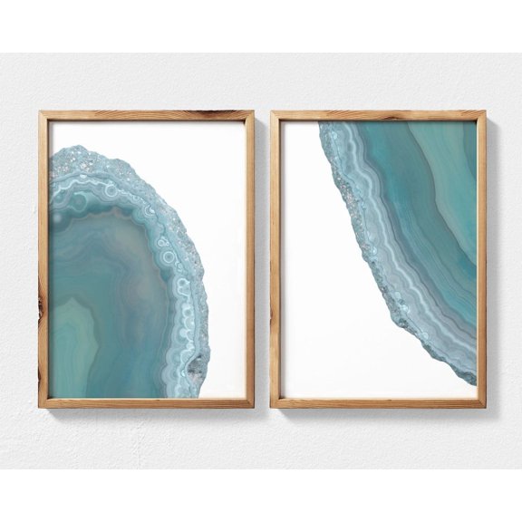 Set Of 2 Geode Teal And Grey Wall Art Prints, Boho Abstract, Crystal Agate, Contemporary, Modern Living Room And Office Decor