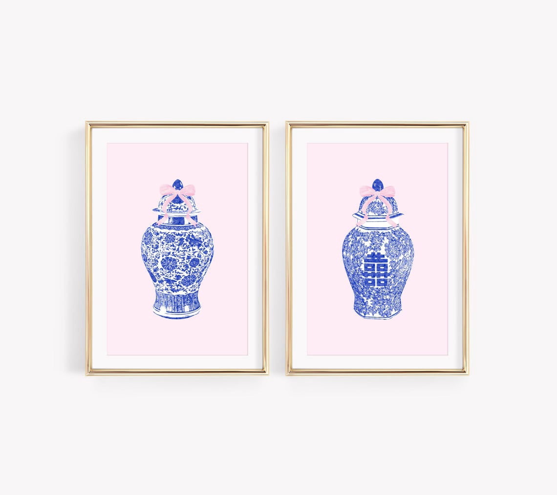 Set Of 2 Ginger Jar Wall Art Prints, Chinoiserie, Grandmillennial, Blue ...