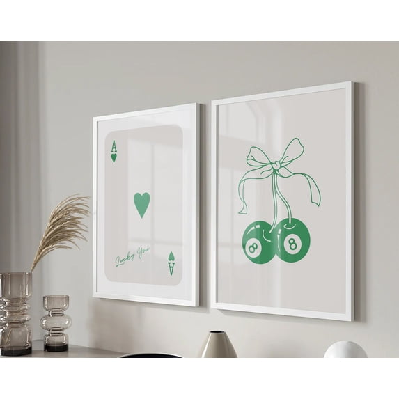Set Of 2 Green Colour Wall Art Prints, Lucky You, 8 Ball, 70S, Retro ...