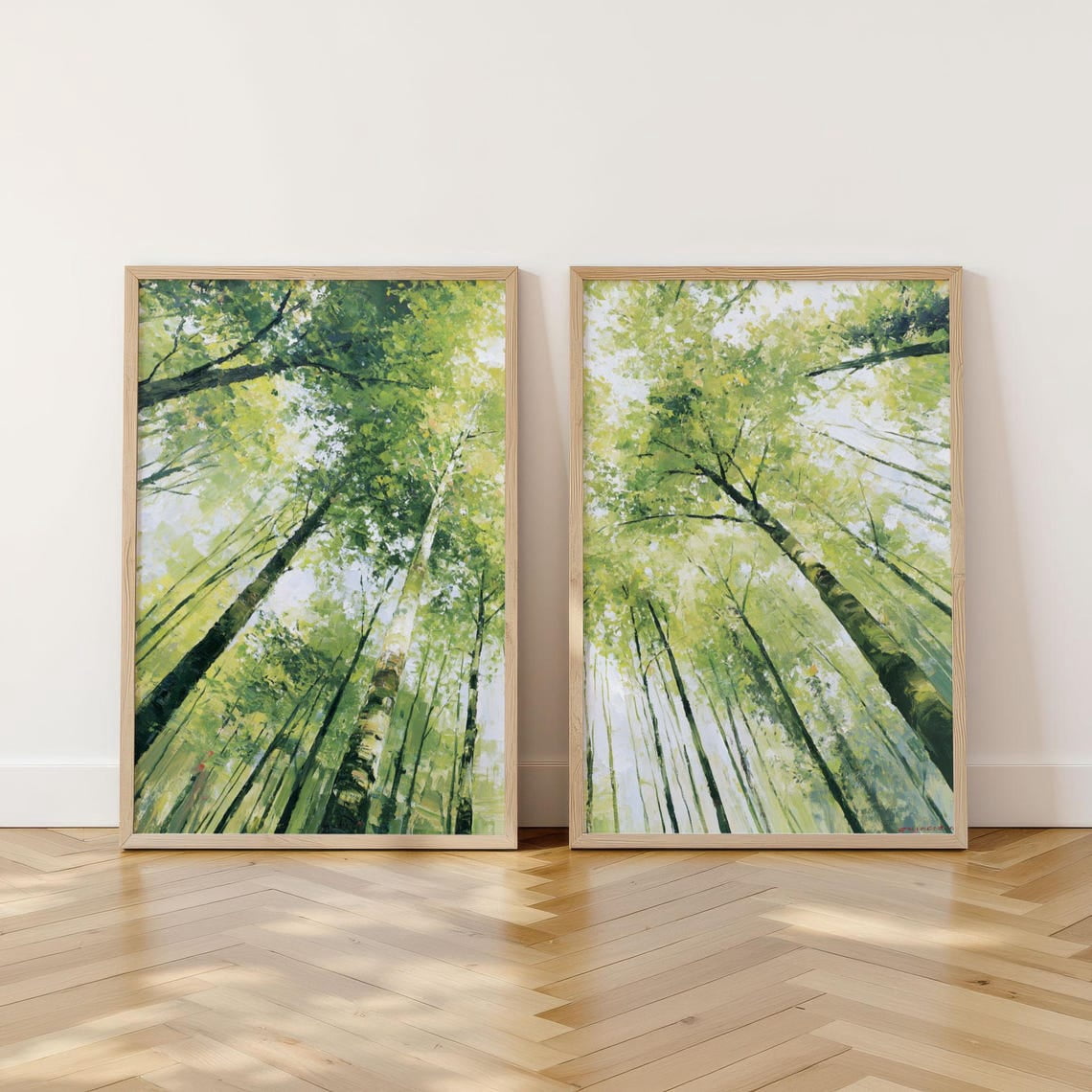 Set Of 2 Green Woodland Canopy Wall Art Prints, Abstracted Birch Tree ...