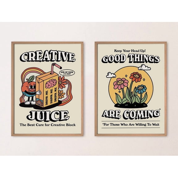 Set Of 2 Groovy Retro Wall Art Prints, Positive Quotes, Self Care Eclectic Illustrations, Neutral Yellow, Gallery Wall And Home Decor