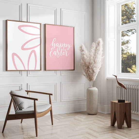 Set Of 2 Happy Easter Wall Art Prints, Bunny Ears, Pink White ...