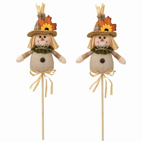 Set Of 2 Harvest Season Scarecrow Stick Puppets Thanksgiving Festives Decoration Handmade Scarecrow Stick Dolls Ornament