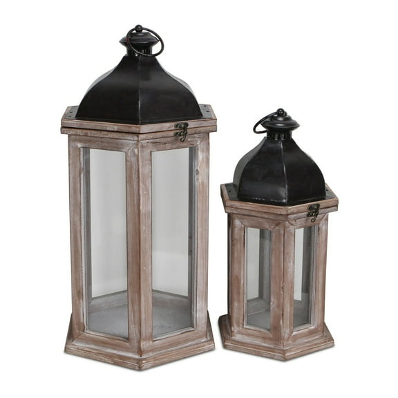 Set Of 2 Hexagonal Lantern with Black Metal Top