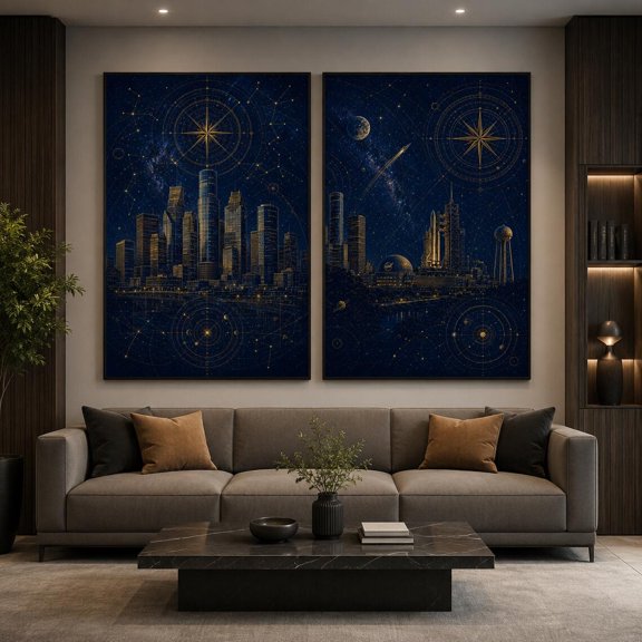 Set Of 2 Houston Star Map Wall Art Prints, Navy Gold Skyline Space Decor