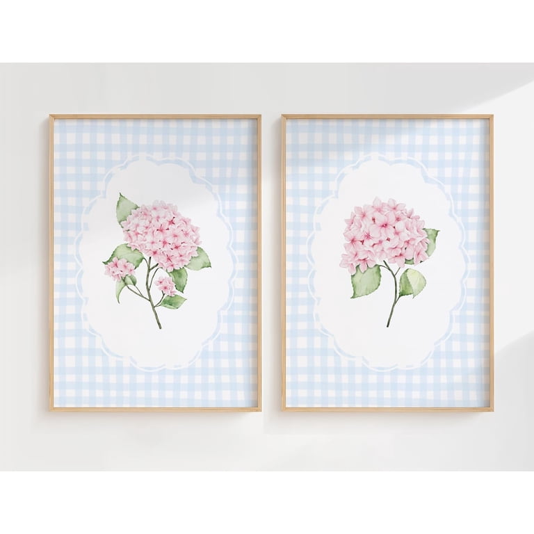 Set Of 2 Hydrangea Wall Art Prints, Pink Blue, Floral Gingham ...