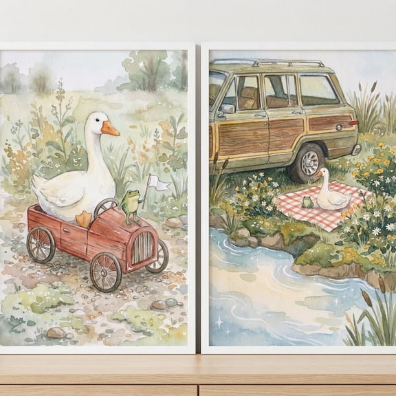 Set Of 2 Illustrative Goose And Frog Nursery Wall Art Prints, Whimsical, Cottagecore Animal, Vintage Car, Nursery And Gallery Wall Decor