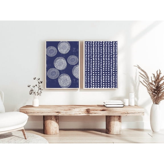 Set Of 2 Indigo Blue Wall Art Prints, Abstract Boho Shapes, Above Couch, Modern Living Room And Office Decor