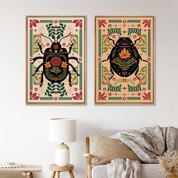 Set Of 2 Insect Beetle Wildflower Botanical Floral Mid Century Modern ...