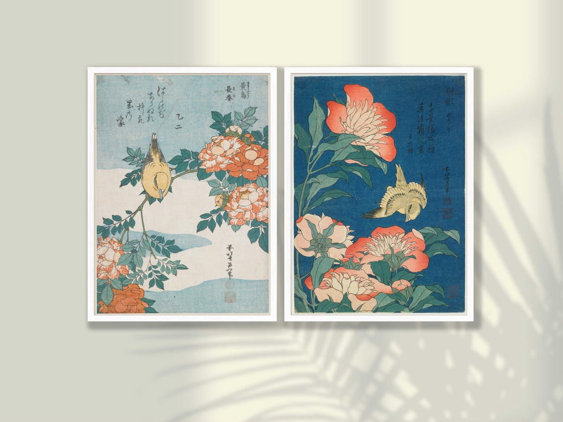 Set Of 2 Japanese Bird And Peony Wall Art Prints, Vintage Ukiyo E ...