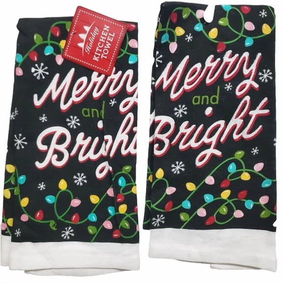 Set Of 2 Kitchen Towels (15"X25") Christmas Tree Lightings, Merry & Bright, Mi