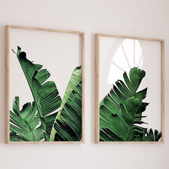 Set Of 2 Leaves Botanical Banana Green Tropical Palm Wall Art Prints, Botanical Bedroom And Living Room Decor