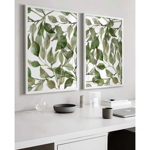 Set Of 2 Leaves Eucalyptus Green Botanical Wall Art Prints, Living Room And Bathroom Decor