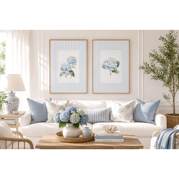 Set Of 2 Light Blue Striped Hydrangea Wall Art Prints, Cottagecore Floral, Hamptons Style Botanical, Floral Home And Gallery Wall Decor