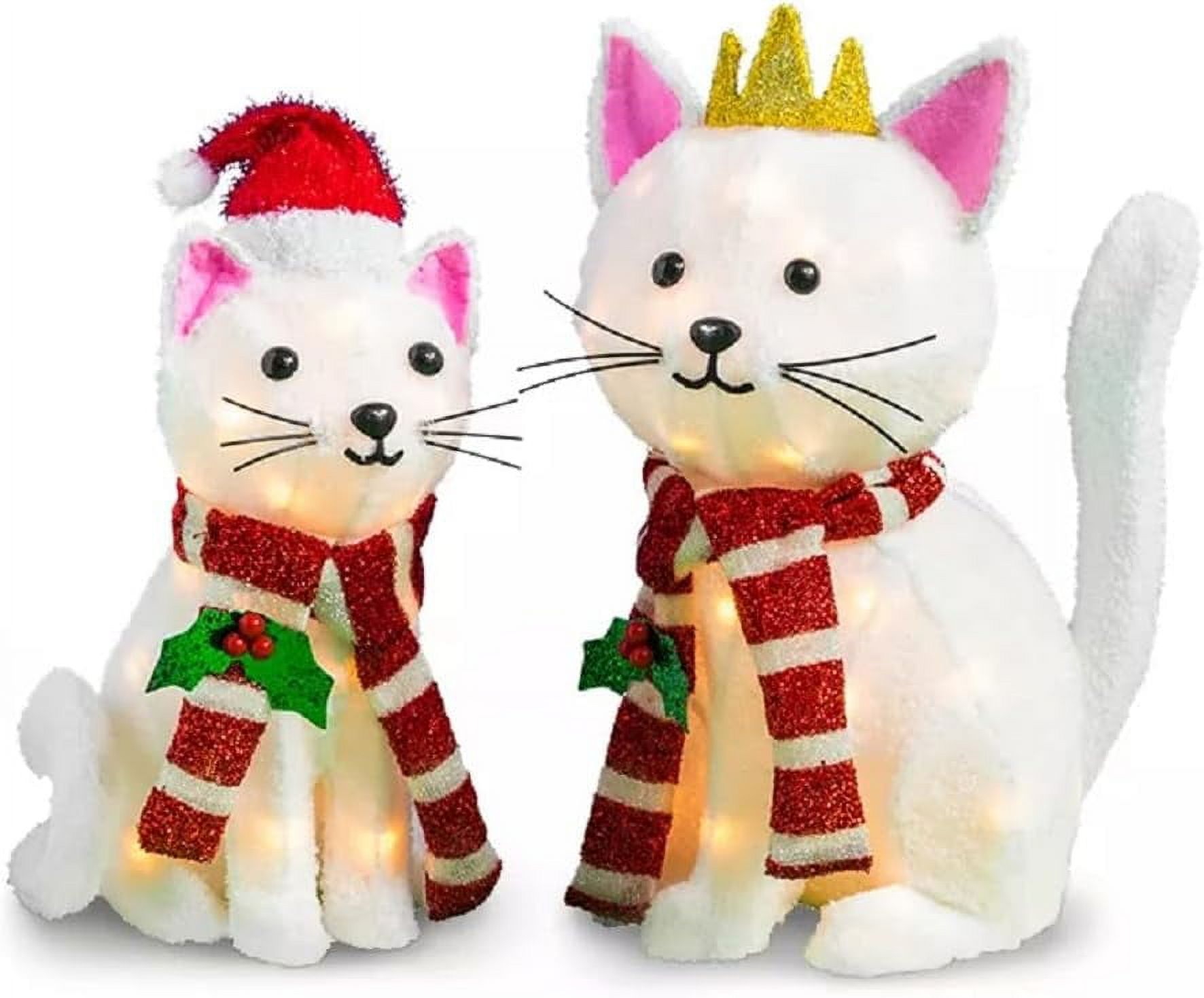 Set Of 2 Lighted White Furry Cats Kittens Sculptures Decoration Pre Lit