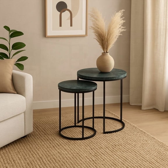 Set Of 2 Marble Nesting Coffee Tables, Grey Metal & Green Marble Accent